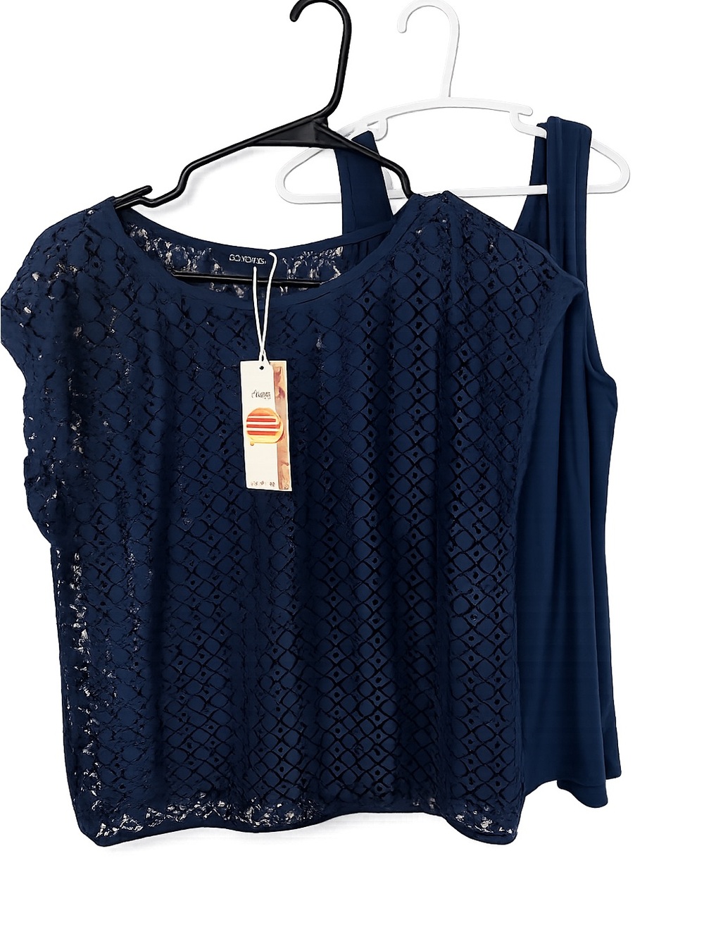 NWT Dokotoo Navy Blue Lace Overlay 2-Piece Top Set Size M